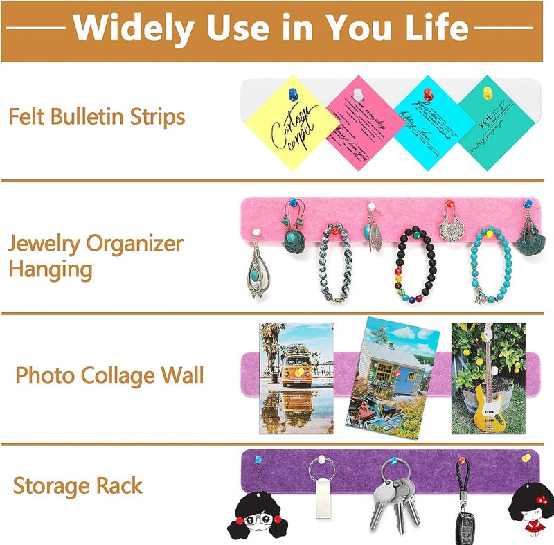 Arlasuo 8 Packs Felt Pin Board Bar Strips Bulletin Board for Bedrooms Offices Home Wall Decoration, Notice Board Self Adhesive Cork Board with 50 Push Pins for Paste Notes, Photos, Schedules - Image 2